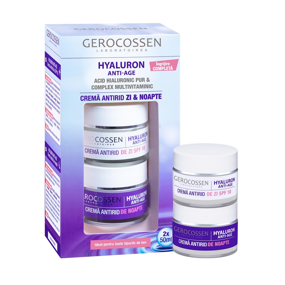 Set crema antirid zi si noapte Hyaluron cu acid hialuronic pur, 2 x 50 ml, Gerocossen